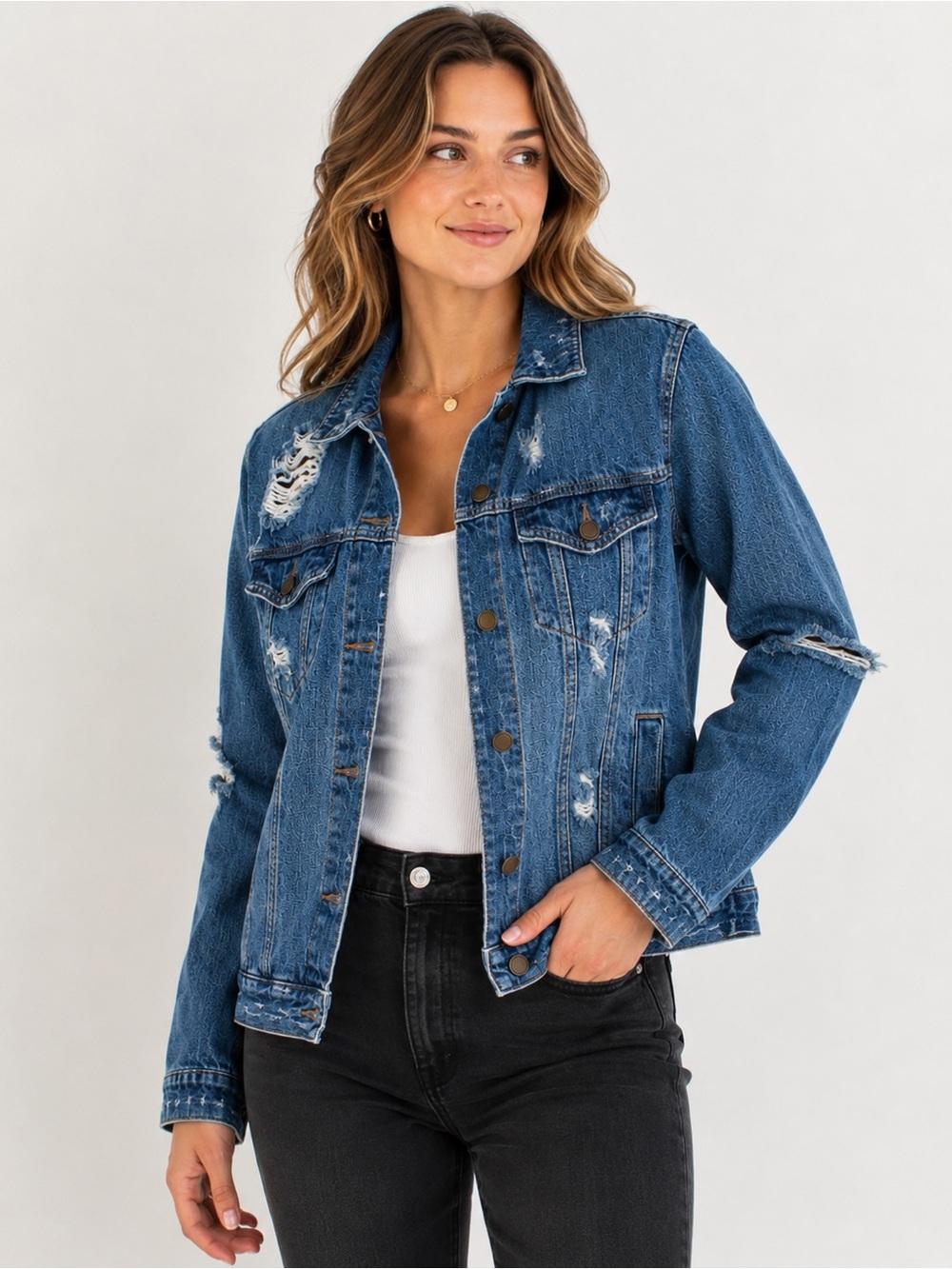 JBD Women’s Small Distressed Denim Jacket Blue Jean Trucker Grunge